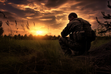 Photograph of a soldier kneeling after praying at sunrise. - obrazy, fototapety, plakaty