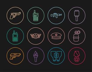 Set line Military reward medal, Hand grenade, M16A1 rifle, Star American military, Walkie talkie, Pistol or gun, beret and icon. Vector