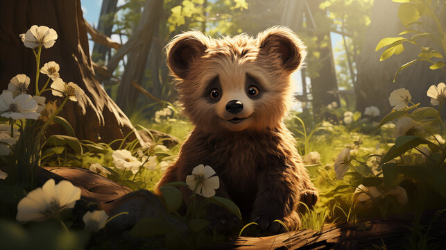 filhote de urso pardo fofo e feliz na floresta - Ilustração infantil 