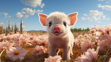 Filhote de porco rosa fofo no campo - Ilustração infantil - obrazy, fototapety, plakaty