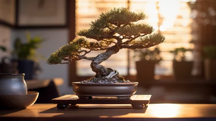 Rolgordijnen Bonsai tree, Japanese White Pine, carefully pruned, the miniature tree on a wooden table, natural light, golden hour, room filled with Japanese artifacts © Marco Attano
