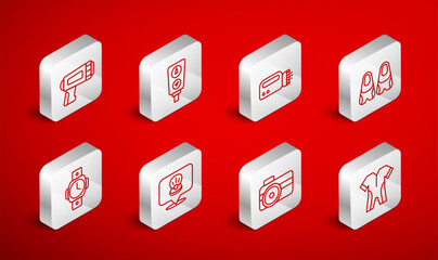 Set line Wetsuit for scuba diving, Gauge scale, Flashlight diver, Flippers swimming, Photo camera, Scallop sea shell and Diving watch icon. Vector