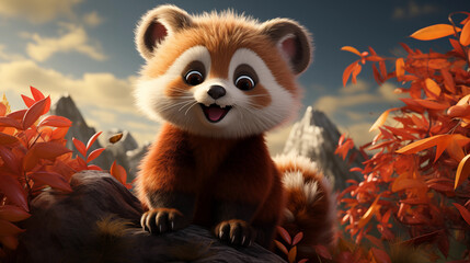 Filhote de panda vermelho fofo e feliz, sorrindo na floresta vermelha - Ilustração infantil