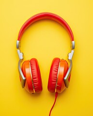 The logo for the podcast is red headphones on a yellow background