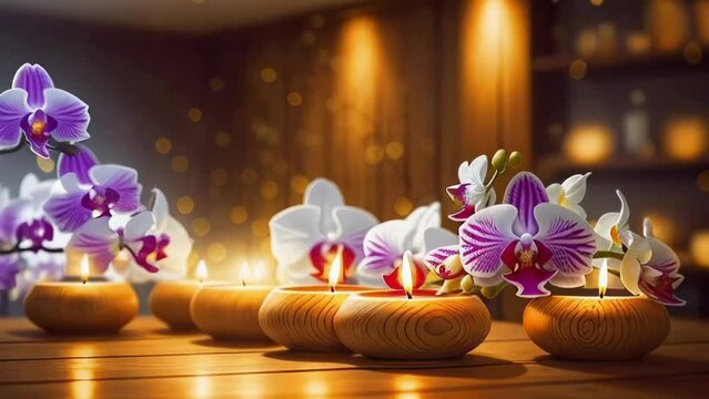 Beautiful asian spa footage with candles and orchids on wellness center interior background with bokeh effect. Beauty spa treatment and relax concept
