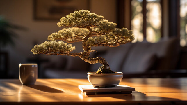 Bonsai tree, Japanese White Pine, carefully pruned, the miniature tree on a wooden table, natural light, golden hour, room filled with Japanese artifacts
