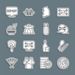 Set line Ramen, Food chopsticks, South Korea flag, map, Korean temple, Asian noodles in bowl, K-pop and lantern icon. Vector
