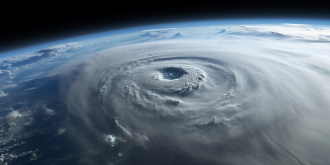 Swirling hurricane viewed from space, Earth's curvature visible, ominous atmosphere