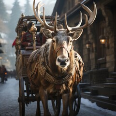 reindeer pulling a wooden cart down a Victorian street, generative ai 
