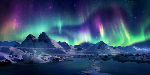 aurora borealis, vibrant colors dancing over a snowy mountain range