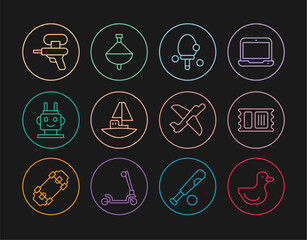 Set line Rubber duck, Circus ticket, Racket, Toy boat, Robot toy, Water gun, plane and Whirligig icon. Vector