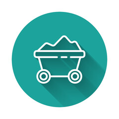 White line Coal mine trolley icon isolated with long shadow. Factory coal mine trolley. Green circle button. Vector Illustration