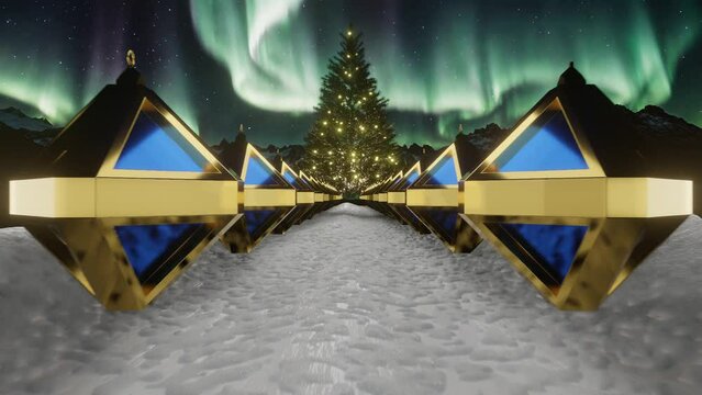 3d render cinematic christmas background, xmas tree 