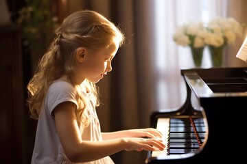 Little Caucasian girl earnestly learns to play scales on piano from music notebook on piano. Small female student learns to play piano to develop fully in music school. - obrazy, fototapety, plakaty