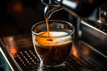 Closeup of an espresso coffee shot being brewed from an espresso machine on a dark background