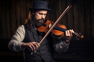 Young man with long hair with beard in dark shirt diligently plays violin. Adult man with long hair and beard focused playing violin creating pleasant melody. Professional man player plays violin