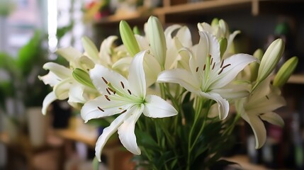 Bouquet of white lilies on a shelf in a flower shop. Mother's day concept with a space for a text. Valentine day concept with a copy space.