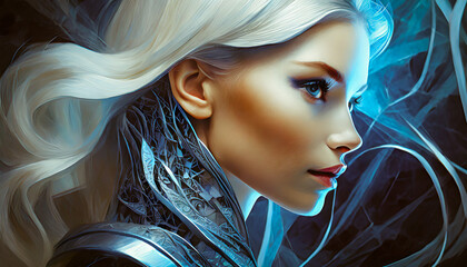 A Futuristic Portrait Close Up of a Female Space Warrior Wearing Battle Armour and looking pensively off camera