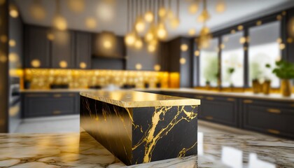 empty golden and black marble kitchen, modern luxury, blurred, interior of a modern