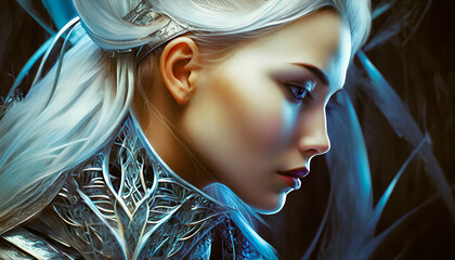 A Futuristic Portrait Close Up of a Female Space Warrior Wearing Battle Armour and looking pensively off camera