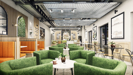 Concept design of modern Restaurant lounge bar "Train Station" 3D Rendering, 3D Illustration