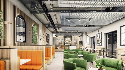 Concept design of modern Restaurant lounge bar "Train Station" 3D Rendering, 3D Illustration