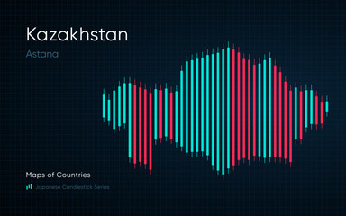 Kazakhstan map is shown in a chart with bars and lines. Japanese candlestick chart Series	
