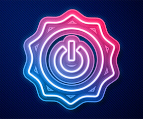 Glowing neon line Power button icon isolated on blue background. Start sign. Vector