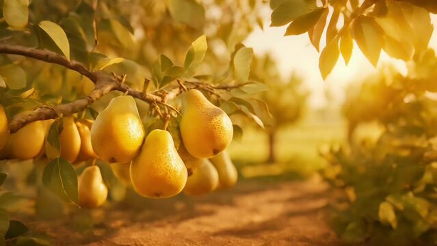 Fruit farm with pear trees. Branch with natural yellow pears on blurred background of pears orchard in golden hour. Concept organic, local, season fruits and harvesting