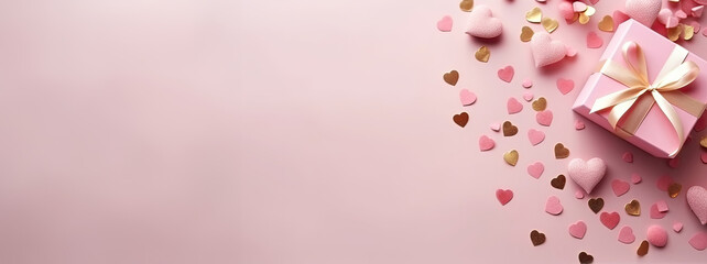 Banner romantic gift on a pink background gold confetti in the shape of a heart