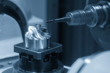 The 5-axis CNC milling machine  cutting the turbocharger part with solid ball end mill tool. - obrazy, fototapety, plakaty