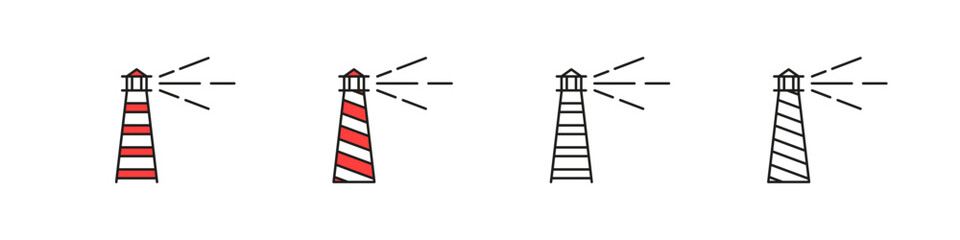 Lighthouse icon set. Safety on sea with light beam icons.