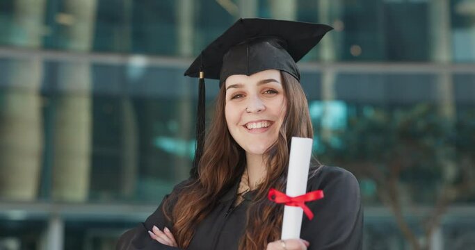 Face, woman or smile at graduation or arms crossed, pride or student achievement of university degree on campus. Young person, profile picture or diploma award in proud, graduate or college portrait