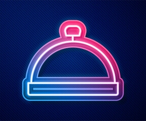 Glowing neon line Covered with a tray of food icon isolated on blue background. Tray and lid sign. Restaurant cloche with lid. Vector