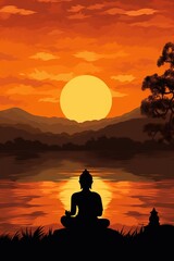 Buddha statue and sunset in the morning