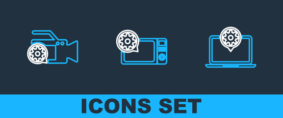 Set line Laptop setting, Video camera and Microwave oven icon. Vector