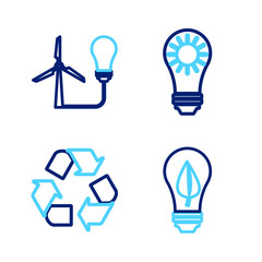 Set line Light bulb with leaf, Recycle symbol, Solar energy panel and wind turbine icon. Vector
