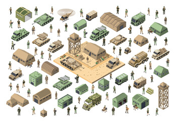 Set of army armed troop isometric armed military transport objects