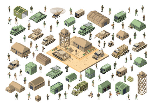 Set of army armed troop isometric armed military transport objects