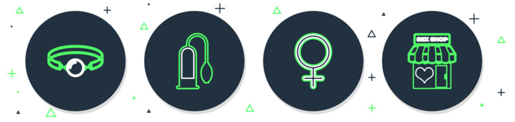 Set line Penis pump, Female gender symbol, Silicone ball gag and Sex shop building icon. Vector - obrazy, fototapety, plakaty