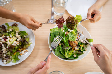 Healthy and colorful diet meal with friends, top view