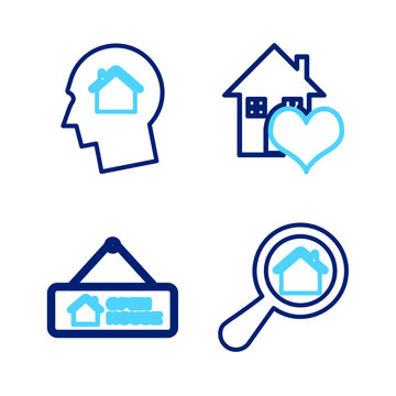 Set line Search house, Hanging sign with Open, House heart shape and Man dreaming about buying icon. Vector