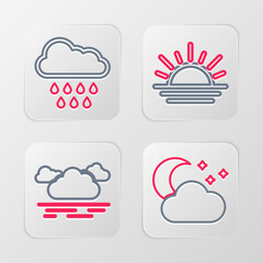 Set line Cloud with moon and stars, Sunset and rain icon. Vector