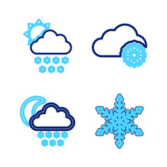 Set line Snowflake, Cloud with snow and moon, and sun icon. Vector