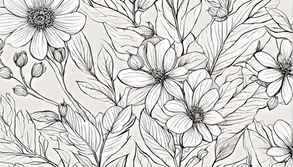 Pencil linear freehand black and white drawing with flowers close-up on a white background. Pencil black and white linear illustration with flowers, background, wallpaper. Generative AI - obrazy, fototapety, plakaty