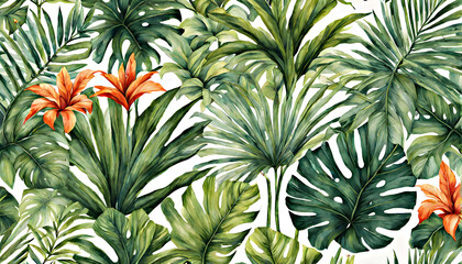 Tropical leaves with tropical flowers close-up. Watercolor illustration, texture, wallpaper. Generative AI