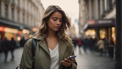 Fototapeta premium woman walking in the city, woman holding while using a phone