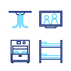 Set line Bunk bed, Kitchen dishwasher machine, Picture frame on table and Round icon. Vector