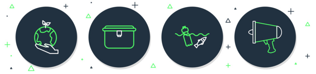 Set line Lunch box, Problem pollution of the ocean, Hand holding Earth globe and Spread word, megaphone icon. Vector