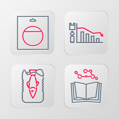 Set line Open book, Stop ocean plastic pollution, Ecology infographic and Battery pack icon. Vector